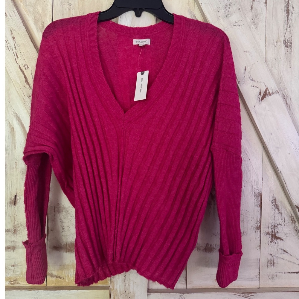 Pilcro Anthropologie Hot Pink Sweater V-neck Ribbed Striped Size Small NWT